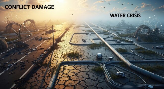 Cracked dry road and pipelines alongside water crisis landscape with network nodes