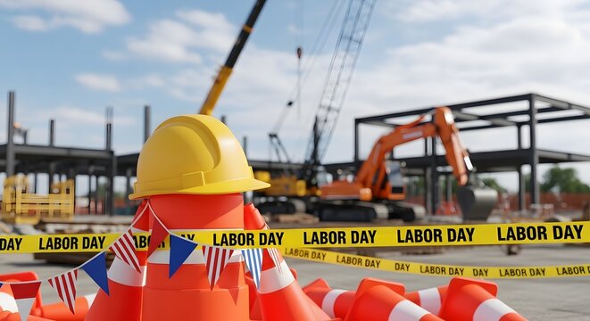 Labor day construction site safety barrier with orange cones and yellow hard hat on labor day weekend