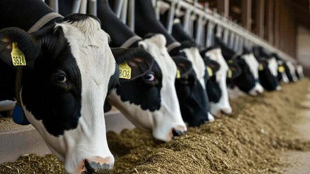 Row of black and white cows eating hay in a barn setting