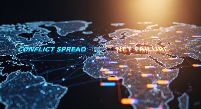 Digital world map showing conflict spread and net failure with glowing data points