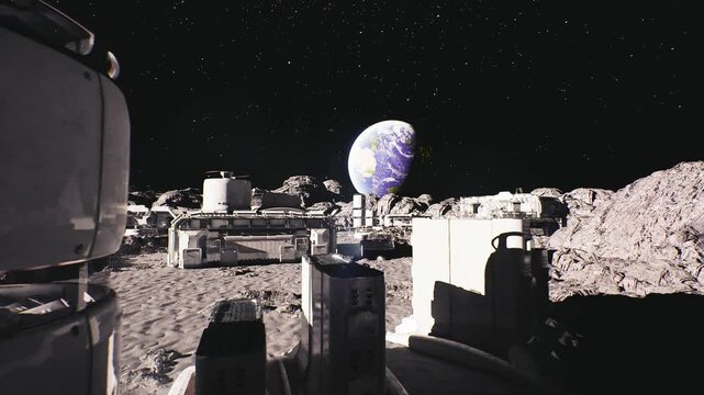 Moon base cargo modules stacked beside service corridor, supply containers and transfer vehicles parked near docking rings with heavy equipment and motionless