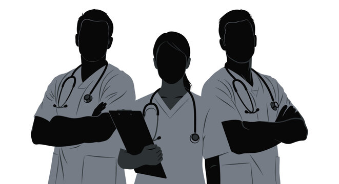 Professional medical team vector illustration showcasing diverse healthcare workers in scrubs with stethoscopes.