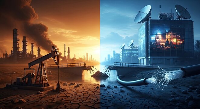 Split image comparing industrial oil extraction with modern communication technology