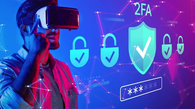 Man Using Virtual Reality Headset for Two-Factor Authentication with 2FA Security Icons and Digital Lock Symbols in Vibrant Blue and Purple Lighting Gluon.