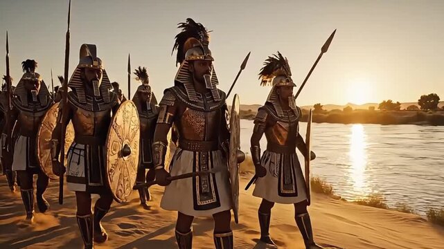 Ancient warriors march along a serene riverbank at sunset with shields and spears