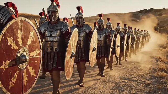 Roman soldiers marching in formation on dusty terrain with shields and armor