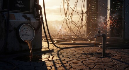 Fuel pump with 'overload' gauge and dripping fuel symbolizing energy crisis