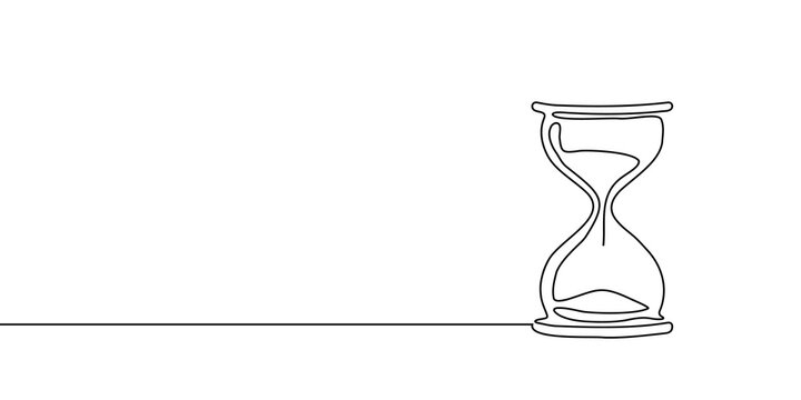 Continuous one line hourglass time sand glass hour clock watch icon. Hourglass one line drawing wait single countdown illustration abstract art concept outline logo background sandglass past linear.