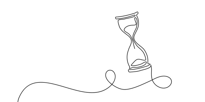 Continuous one line hourglass time sand glass hour clock watch icon. Hourglass one line drawing wait single countdown illustration abstract art concept outline logo background sandglass past linear.