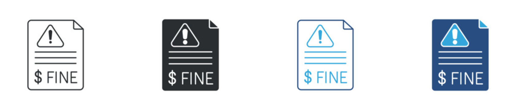 Fine notice and penalty document icon set. Warning sign, violation fee and legal payment concept. Vector illustration.