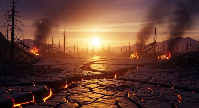 Apocalyptic landscape with cracked earth and burning ruins at sunset