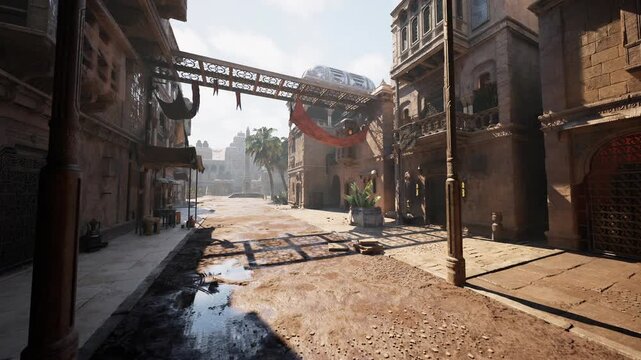 Shadowed market alley with overhead walkway casting lattice shadows across wet patches, gritty industrial details, crates and stalls, striking contrast