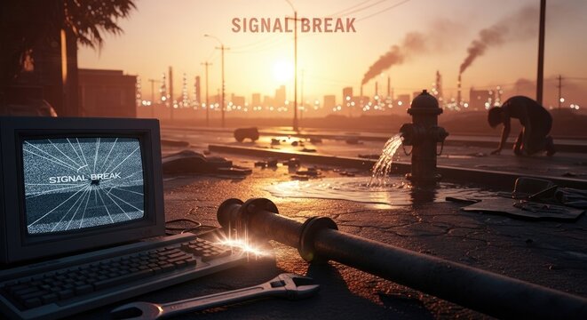 Old computer screen showing signal break near broken fire hydrant