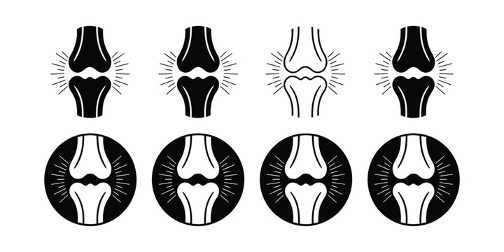 Knee joint pain icons set, human anatomy vector symbols showing knee bones and joint stress, minimalist and clear illustrations suitable for healthcare, physiotherapy, and educational medical graphics