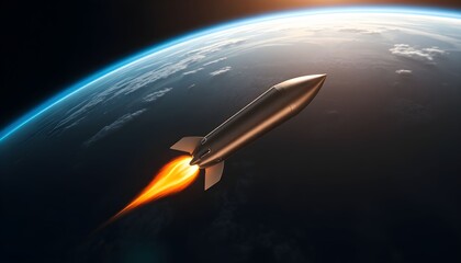 Fototapeta premium A rocket soars through space with flames emanating from its base near Earth.