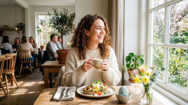 Smiling young woman curly hair coffee avocado toast cafe