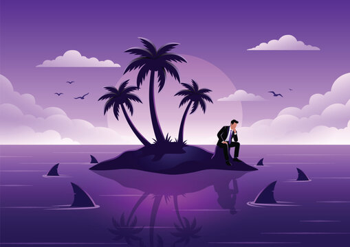 Stressed businessman stuck on small desert island with sharks representing business crisis and risk