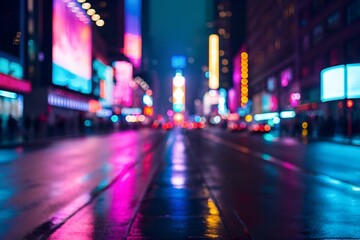 Obraz premium Abstract Neon City Street Night Background with Blurred Bokeh Urban Lights and Wet Road Reflection