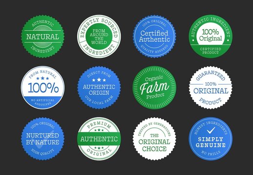 Product Packaging Sticker Badge Templates, Organic Label & Authenticity Seal for Packaging Design in Green & Blue Hues