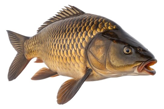 Vibrant common carp fish with shimmering golden scales, a freshwater aquatic animal, captured in a detailed side view, isolated PNG