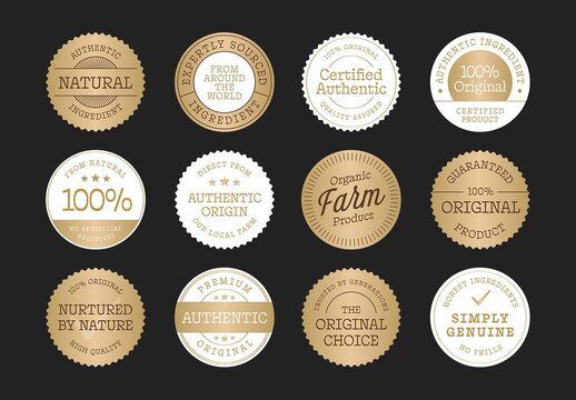 Product Packaging Sticker Badge Templates, Organic Label & Authenticity Seal for Packaging Design in Gold Hues
