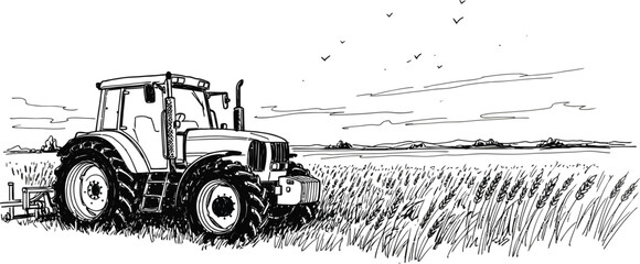 Obraz premium Tractor in a field with a cloudy sky