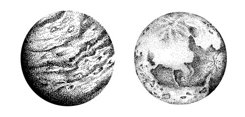 Jupiter and Moon Stippling Style Space Illustration Vintage Astronomy Vector © Danurengga
