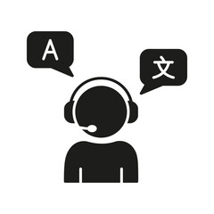 Obraz premium Interpreter With Headset Solid Icon. Language Translation And Multilingual Communication Silhouette Symbol. Customer Support And Global Interaction. Isolated Vector Illustration