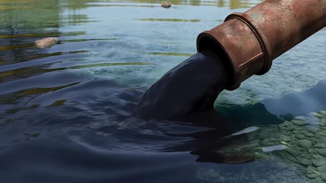 A pipe dumps dark liquid into a body of water