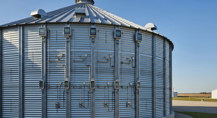 Obraz premium Close-up View of A Modern Grain Storage Facility Showcasing Its Metallic Structure And Advanced Monitoring Equipment Concept Renewable Energy Design