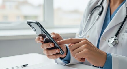 Fototapeta premium Doctor using smartphone with medical app interface