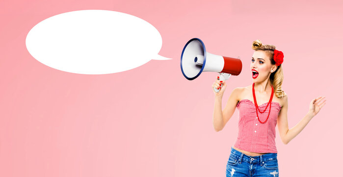 Expressive surprise shock pinup girl. Happy blond cute woman in pin-up cloths shout use mega phone megaphone ad advertisement. Isolated against pink background, mockup empty speech bubble speechbubble