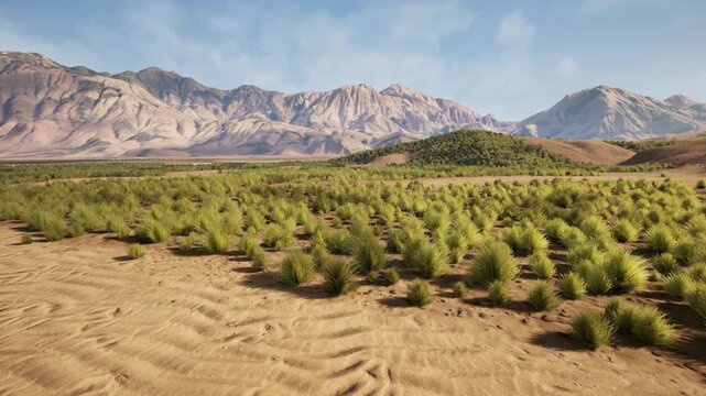 highangle view of systematic shrub rows on sandy plain under open sky with mountain silhouettes, scientific restoration vibe capturing scale, pattern and soil