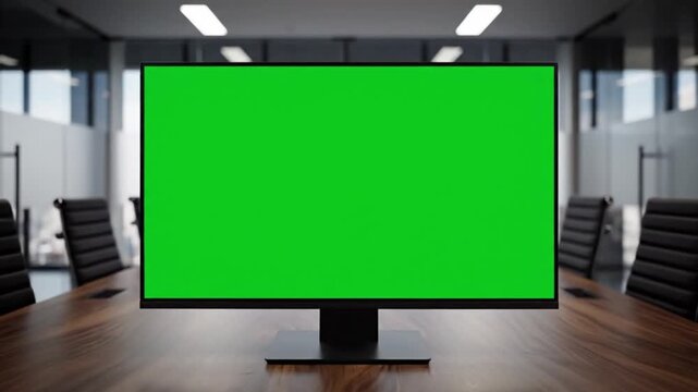 Versatile blank green screen display in a contemporary corporate conference room setting, ideal for virtual presentations, concept integration, and digital content showcasing