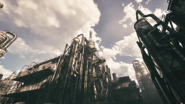 Sunset steel cathedral of industry with dramatic cloudscape and towering scaffolds, reflective metal surfaces catching last light and creating highcontrast