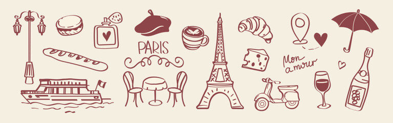 Hand drawn Paris doodle vector set with French cafe elements, wine, croissant, scooter and romantic travel symbols. Perfect for travel posters, branding, invitations and lifestyle design
