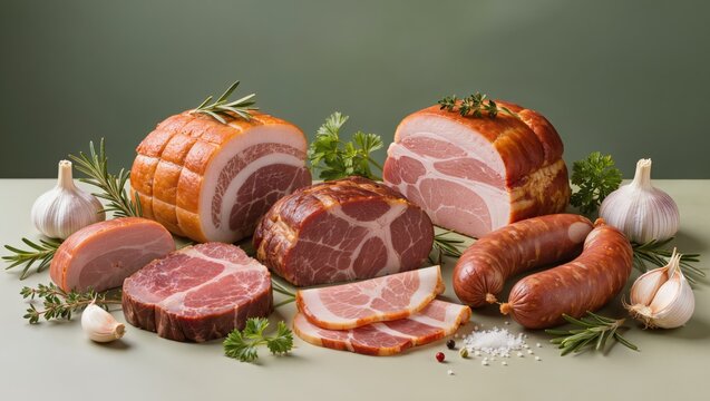 Elegant arrangement of smoked hams fresh pork cuts sausages garlic bulbs and fresh herbs like rosemary and parsley highlighting artisanal meat products traditional flavor combinations and culinary cra