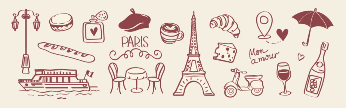 Hand drawn Paris doodle vector set with French cafe elements, wine, croissant, scooter and romantic travel symbols. Perfect for travel posters, branding, invitations and lifestyle design