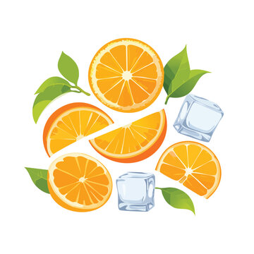 Fresh orange slices with ice cubes and green leaves on white background