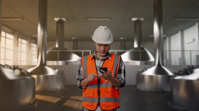 Front View of Asian Male Engineer Use Smartphone While Walking at Modern Stainless Steel Brewing Vats in Large Scale Beer Manufacturing Plant