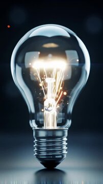 Modern chrome lightbulb, centered MC, on dark gradient background with soft bokeh. Illuminating with vibrant light trails & particles, settling to radiant glow. Concept of inspiration