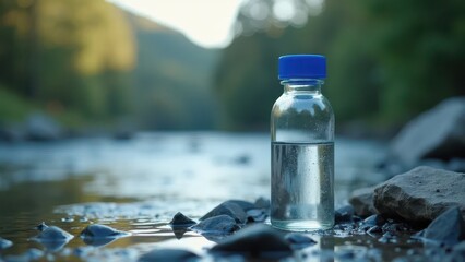 Obraz premium Water Analysis: Sample bottle collected at riverbank site 