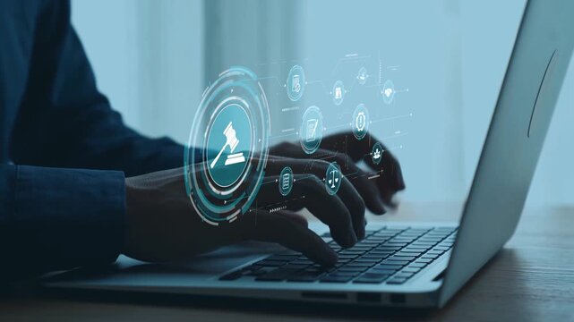 Futuristic digital law interface displaying justice scale, highlighting digital law, AI compliance, digital law systems, and digital law regulations for secure governance. Elide