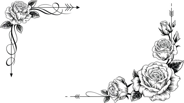 Rose corner ornament vector, decorative black and white floral design with thorned roses elegant corner elements for vintage frames borders and classic design.