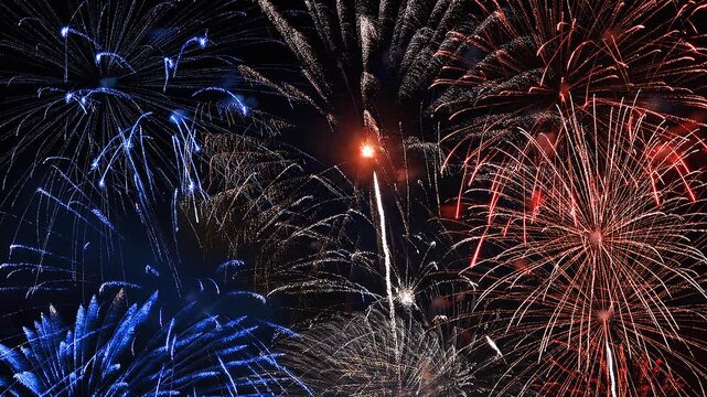 Blue white and red fireworks, us american or french flag patriot fireworks, national holiday celebration, HD video footage, seamless loop