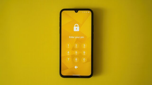 smartphone screen with pin code lock on yellow background