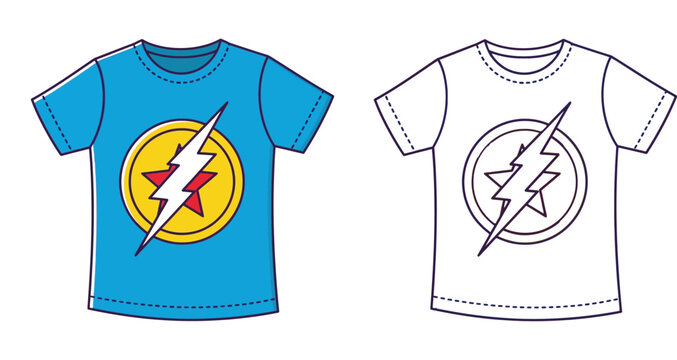 Blue superhero t-shirt with lightning bolt and star design, alongside a black and white outline version for coloring book. Vector illustration template for kids apparel.