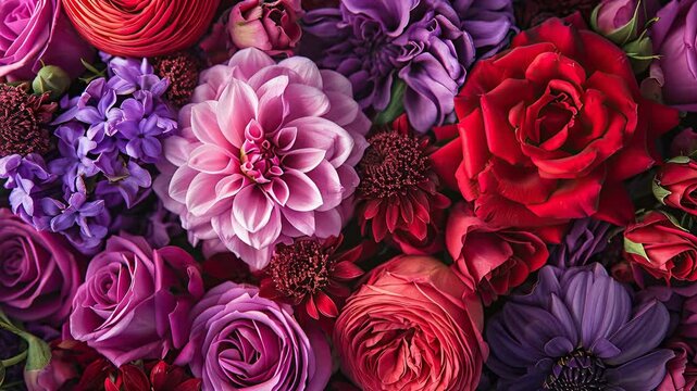 bouquet of roses, dahlias, and hydrangeas in deep reds and purples, composition, garden centerpiece, botanical display, vivid petals.
