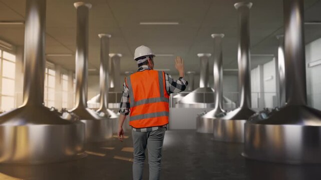 Back of Asian Male Engineer Waving Hand Saying Bye While Walking at Modern Stainless Steel Brewing Vats in Large Scale Beer Manufacturing Plant