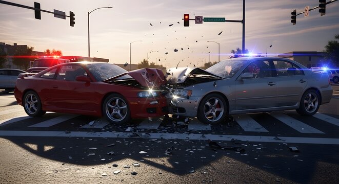 Red and silver cars crash on city street intersection